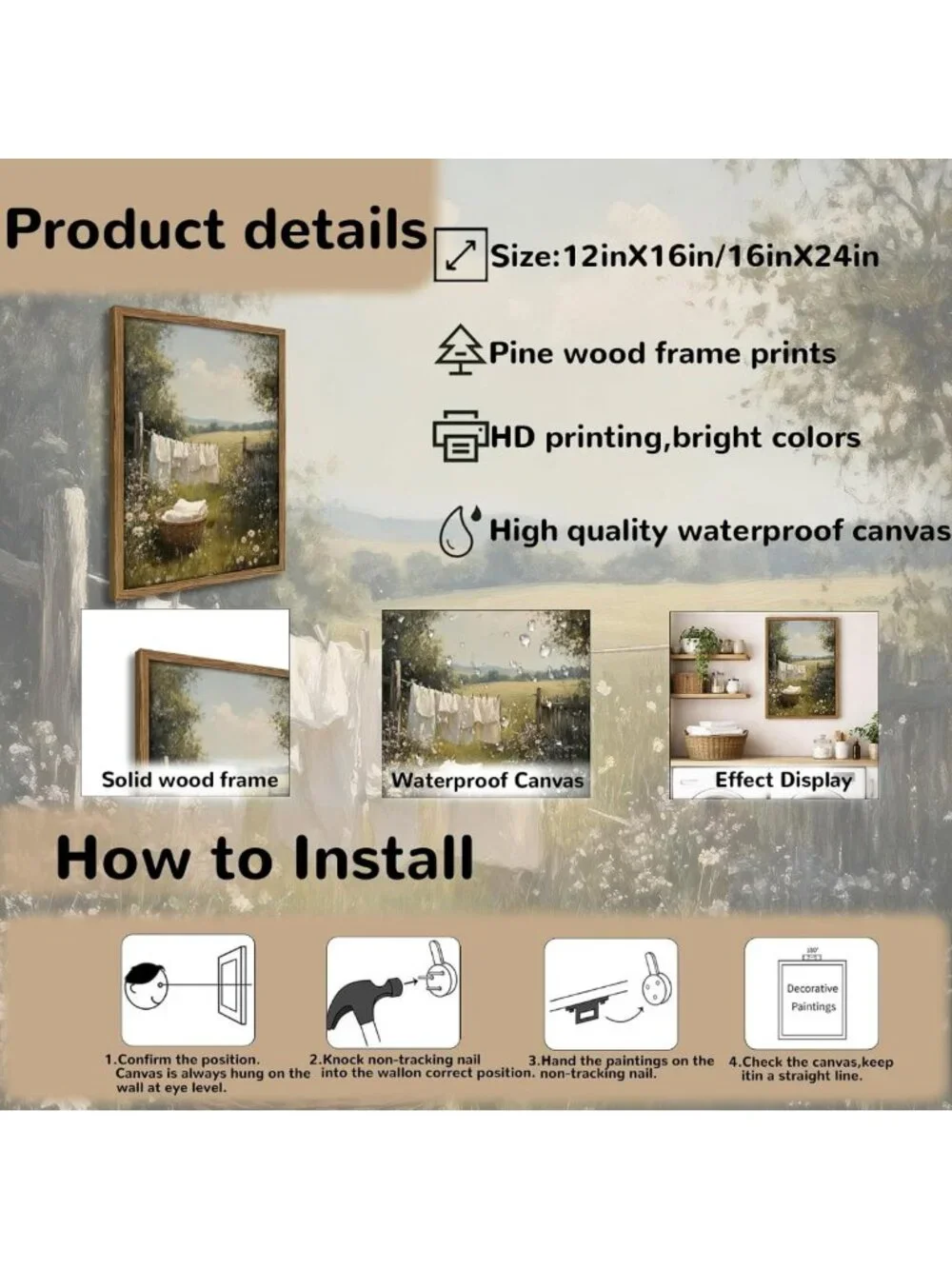 Rustic Laundry Room Wall Art - Clothesline Landscape Canvas Print Decor 12x16